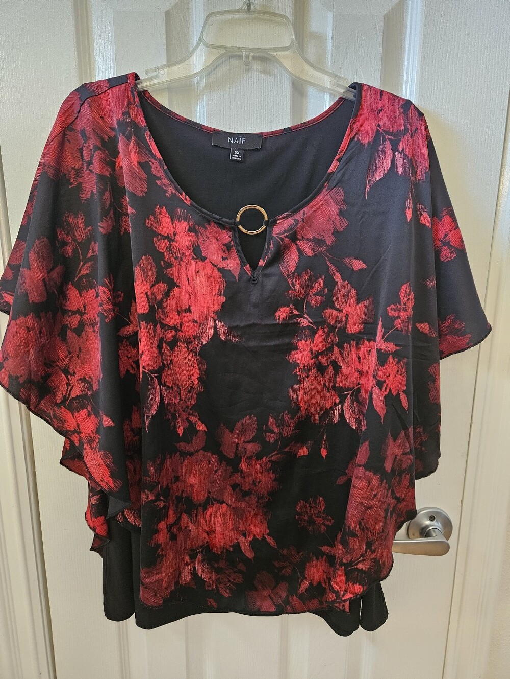 NAIF 2x Black & Red Floral Layered Blouse with Flutter Sleeves
